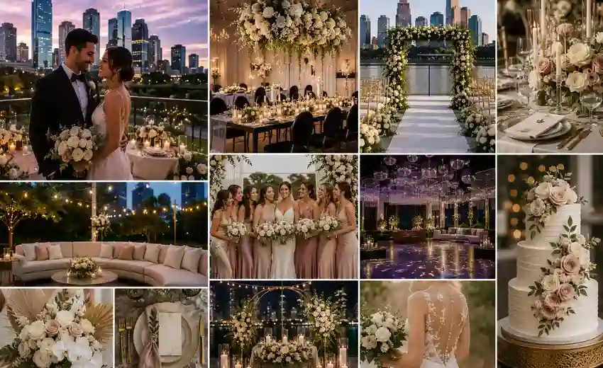 Modern Houston wedding trends featuring luxury floral designs, rooftop ceremonies, elegant receptions, bridesmaid celebrations, stylish wedding decor, and contemporary wedding experiences for Houston couples